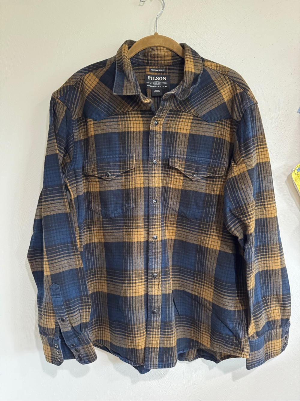 Filson Navy and Mustard Plaid Button-Front Flannel Western